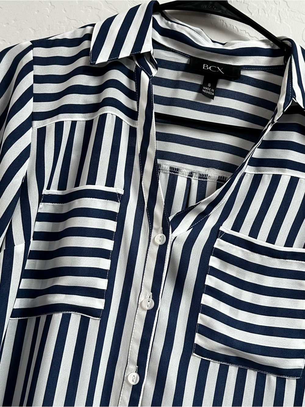 BCX Women's Striped Button Up Blouse Blue White Roll Tab Sleeve Size Small